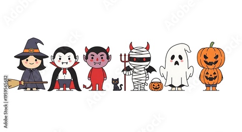 Halloween characters and spooky icons.