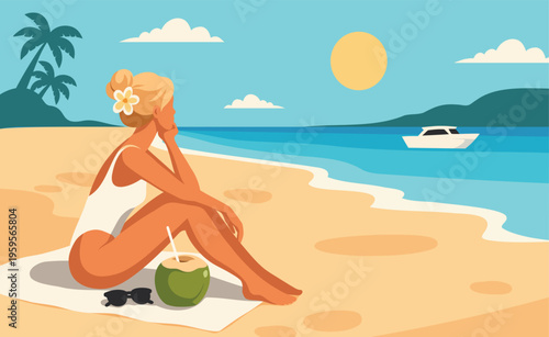 Vector illustration horizontal, woman on vacation at the beach, sitting on a towel with a coconut drink. Palm trees, yacht, sand, sea. For travel, tourism, recreation, health, summer design projects