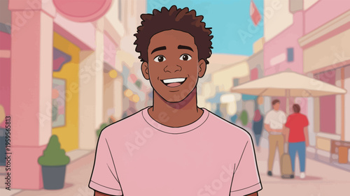 Young man smiles and stands on the street in a busy shopping area during the day in a sunny location