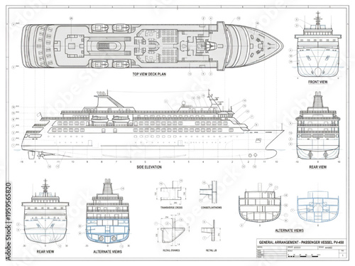 Detailed Blueprint Schematics of a Modern Cruise Ship Showing Deck Plans and Elevations for Construction and Engineering Purposes