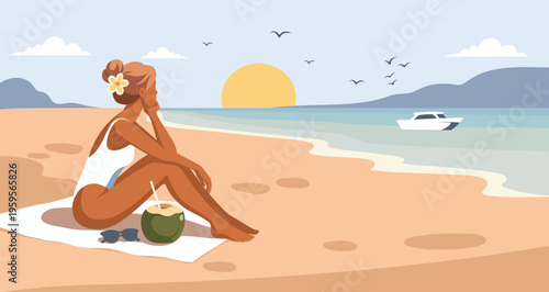 Vector horizontal illustration of woman on vacation at the beach, sitting on a towel with a coconut drink. Yacht, sand, sea. Use for travel, tourism, recreation, health, and summer design projects