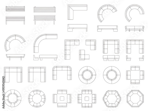 Top-down view of modern modular furniture arrangements including benches sofas and circular seating units