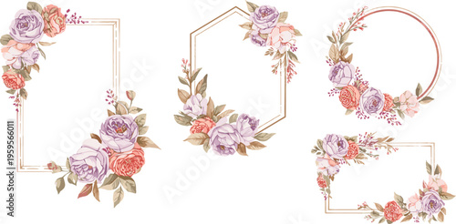 Elegant gold geometric floral frame set with purple and peach roses for wedding invitations greeting cards and luxury branding decoration.