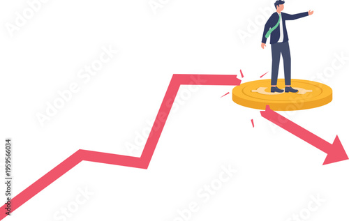 Businessman standing on a gold coin with a downward falling arrow