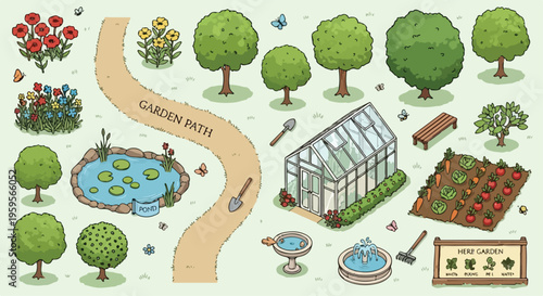 Isometric Garden Elements Set for Landscape Design