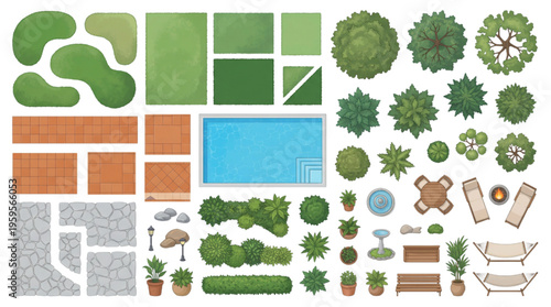 Top View Vector Set of Landscape Design Elements Garden Plants, Swimming Pool, Patio Furniture, and Paving Stones for Backyard Planning and Outdoor Project Illustrations