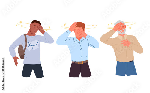 Sick people with flying vertiginous stars around head and vertigo set. Dizzy female and male characters feeling headache and discomfort, old grandpa and grandma with stress cartoon