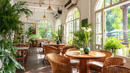 Cafe interior blending indoor space with tropical garden views, featuring rattan chairs, wooden tables and ceramic decor, colonial setting with open windows and greenery, bright natural lighting with 