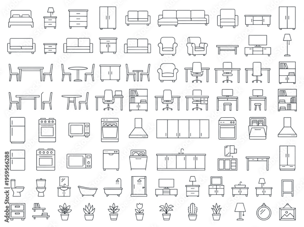 Obraz premium Detailed vector outline icon set showcasing an extensive range of essential home furniture, kitchen appliances, and office elements for versatile design projects