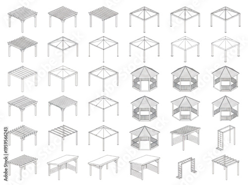 Collection of various outdoor structures like gazebos, pergolas, canopies, and pavilions in isometric view for architectural design