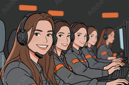 Team of women working together at computers in a control room during a simulation exercise for training purposes