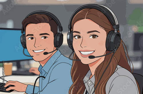 Two people working in a call center helping customers during office hours