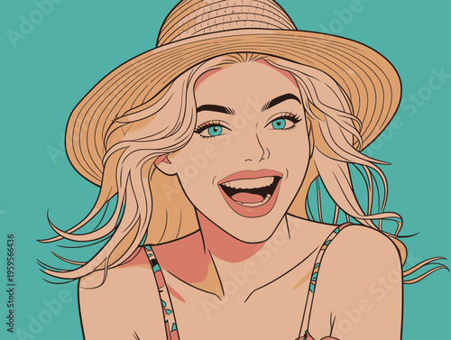 Woman in sun hat smiles brightly while enjoying summer outdoors with light blue background brightening the scene