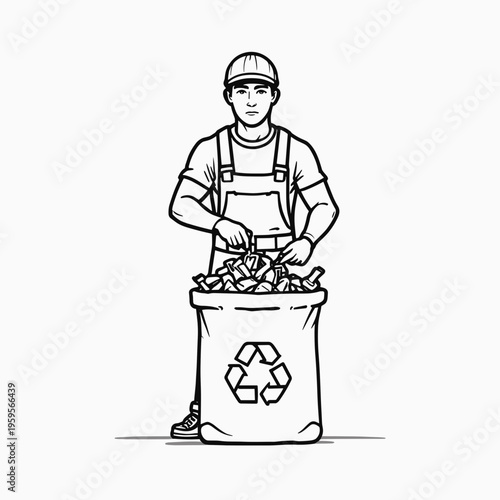 Male worker in a hard hat collecting waste into a recycling bag, ecology and waste management concept illustration