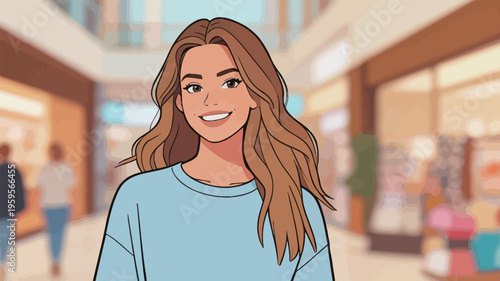 Young woman smiles while walking in a shopping mall during a busy afternoon, surrounded by shoppers and store displays