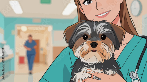 Veterinarian and dog at an animal clinic during a busy workday