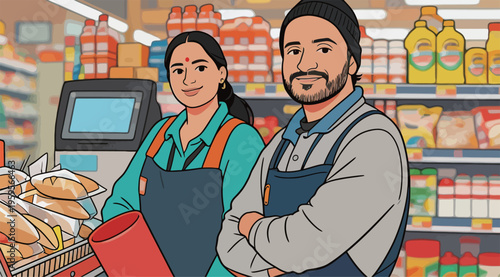 Workers in a grocery store smile while customers shop for food and daily items in a busy market during the day