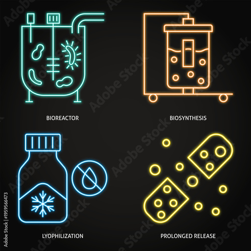Biomanufacturing and bio technologies neon icon set