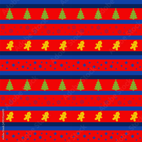 Seamless Christmas Pattern with Gingerbread Cookies Trees and Stars