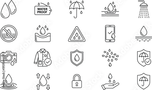 Waterproof protection outline icons set with drops umbrella shield phone clothing and lock vector illustration water resistance collection isolated design