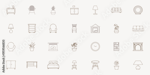 Minimalist line art icons depicting various furniture and home decor items