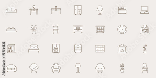 Collection of minimalist furniture icons arranged in a grid pattern
