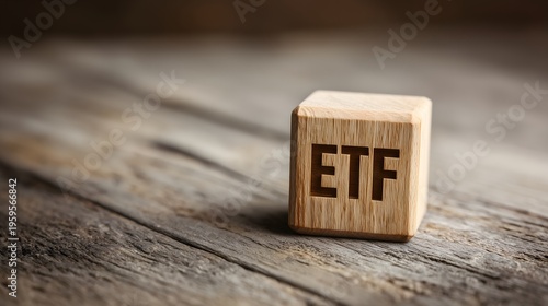 Wooden block with ETF text on rustic table, exchange traded fund investment concept, financial planning and passive income strategy with minimal background