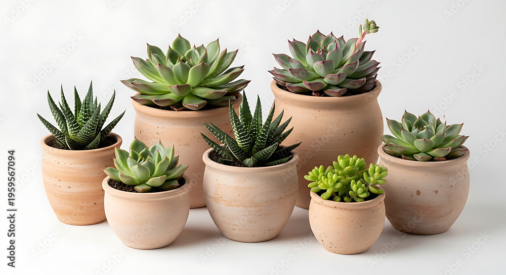Fototapeta premium A collection of various succulent plants arranged in small decorative terracotta ceramic pots