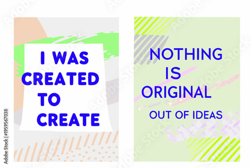 Two abstract panels display motivational text about creativity and originality