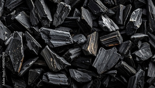 Close-up of rough black charcoal pieces, natural texture background.