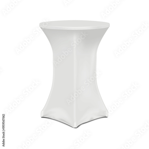 White cocktail table with blank stretch cover for brand design. 3d mock-up. Tradeshow promotional round counter display stand. Realistic vector mockup. Template for design. Easy editable
