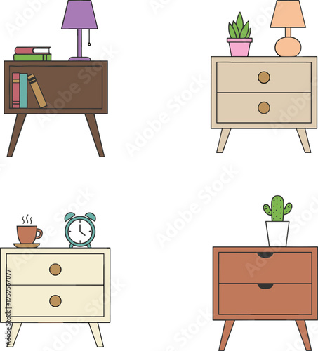 Cartoon bedside tables with books, lamps, plants, cactus, cup, and alarm clock in colorful furniture illustration design