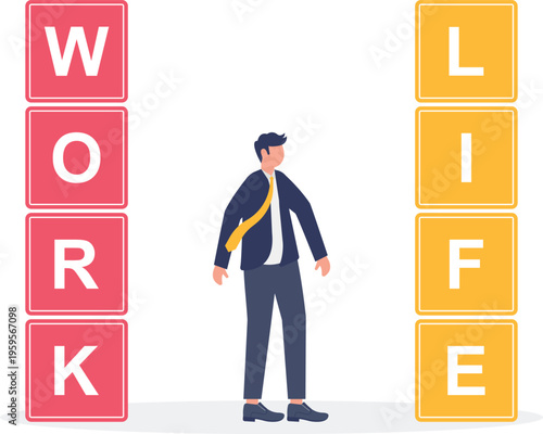 Professional man balancing work and life blocks with a scale