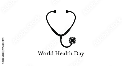 Minimalist black and white vector graphic illustration featuring a stylized stethoscope design celebrating the important occasion of world health day observance