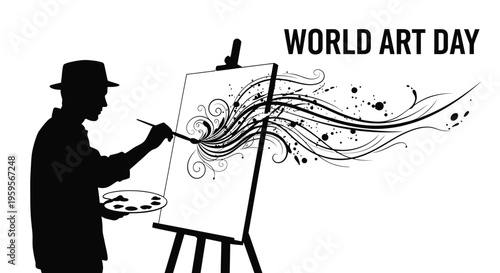 Black and white vector graphic illustration celebrating world art day featuring a silhouette artist with a hat painting abstract swirling lines and splatters onto a canvas setup on an easel