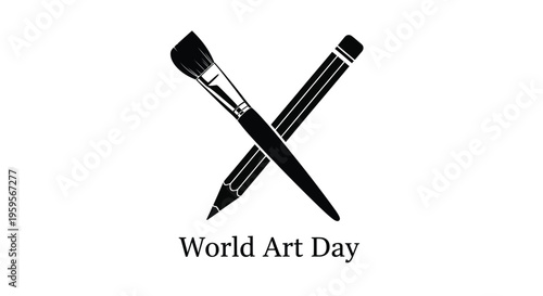 This elegant monochromatic vector illustration beautifully depicts the essential tools of creativity, a classic paintbrush and a sharpened pencil, elegantly crossed to symbolize artistic expression an