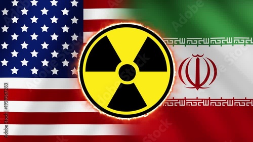 US and Iranian flags with a nuclear symbol. The concept of conflict and nuclear tension. 4K
