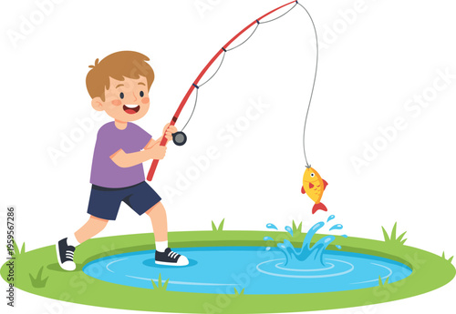 Cartoon child fishing at pond holding rod with caught fish, smiling outdoors in playful nature recreation illustration