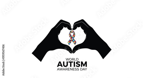 This compelling vector graphic illustration features two dark silhouette hands forming a heartfelt gesture, gently cradling a vibrant jigsaw puzzle piece ribbon, which is the globally recognized emble