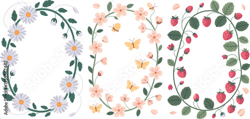 Set of summer oval floral wreaths with daisy flowers butterfly and strawberries vector illustration for wedding invitations and greeting cards.