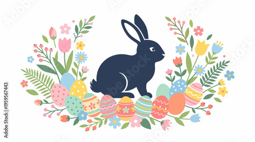 A charming Easter illustration featuring a silhouette of a black rabbit surrounded by a vibrant floral wreath and colorful decorated Easter eggs.