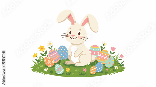 A charming illustration of a fluffy white Easter bunny surrounded by vibrantly decorated Easter eggs nestled in a patch of green grass with small wildflowers.