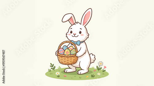 A cute cartoon Easter bunny holding a basket full of colorful eggs in a grassy field with flowers.