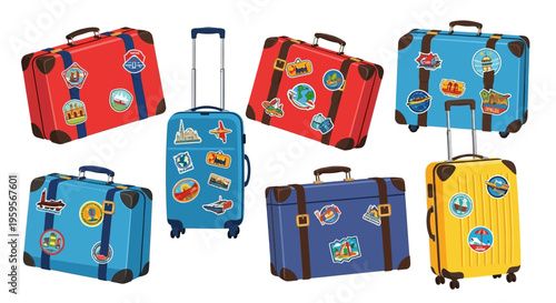 Colorful travel suitcases with stickers for adventure and exploration