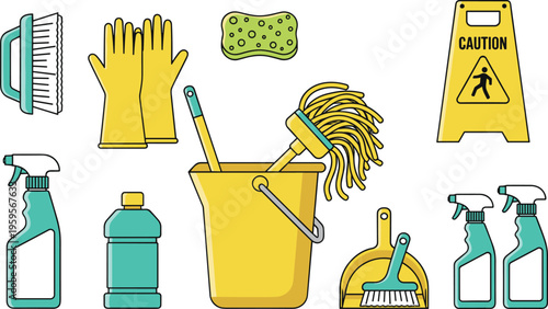 Cartoon cleaning supplies set with mop, bucket, gloves, sponge, spray bottles, caution sign, and household hygiene illustration