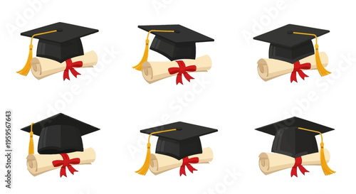 Vector graphic of graduation caps and diploma illustrations