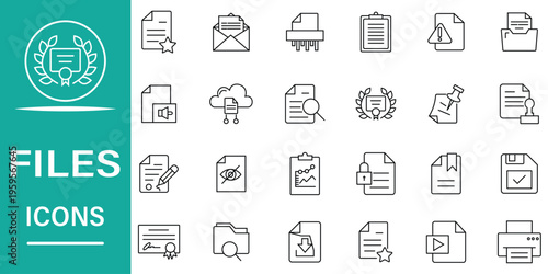 File, document icon set. Files related line icons: notes, edit, write, folder, papers, list, and more. Vector icons collection.