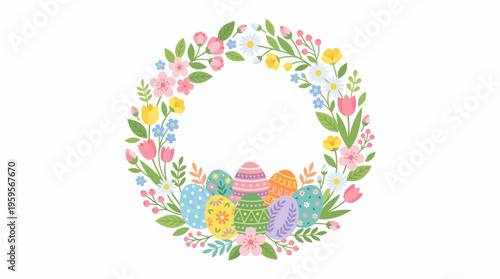 A vibrant Easter wreath adorned with colorful decorated eggs and a profusion of spring flowers and greenery, creating a festive and cheerful seasonal decoration.
