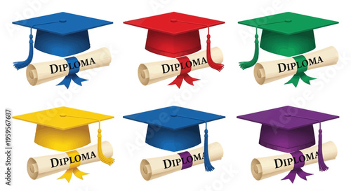 Colorful graduation caps and diplomas in various vibrant hues illustration