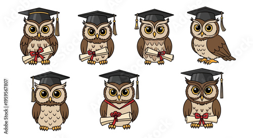 Cartoon owls wearing graduation caps and holding diplomas illustration